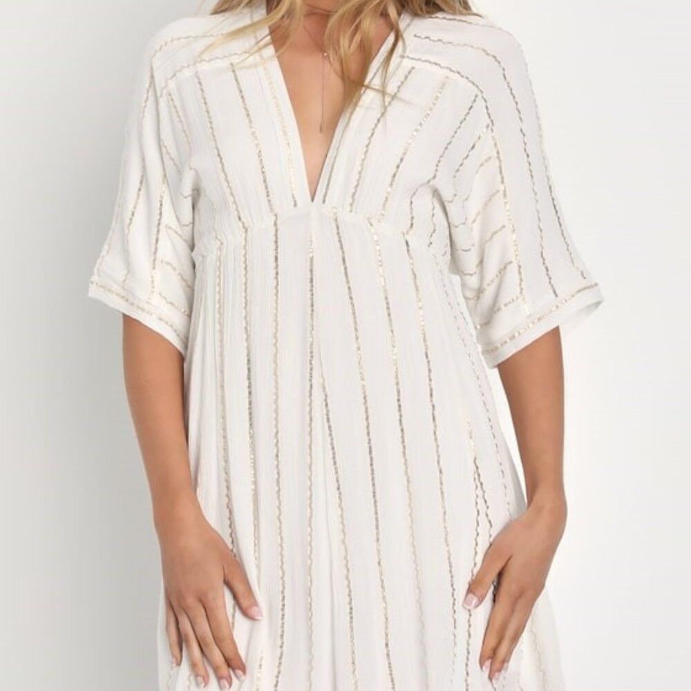 Goddess Vibes Ivory and Gold Striped Dolman Sleeve Mini Dress